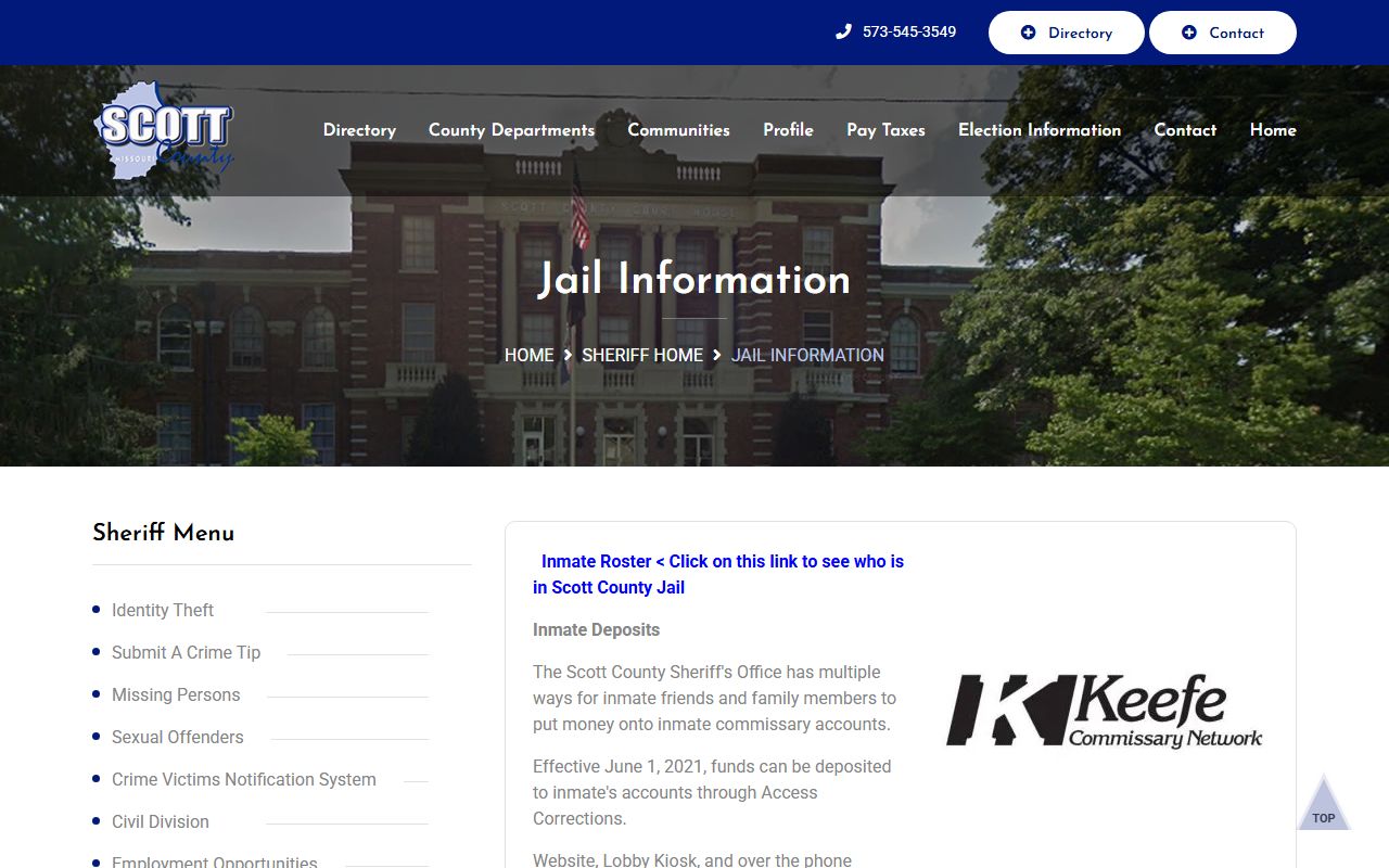 Scott County Jail information page roster and commissary deposit links